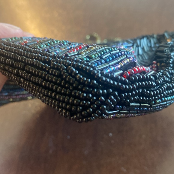 Vintage Black and multi Beaded Purse antique Gold tone Chain Shoulder Strap - Picture 7 of 16